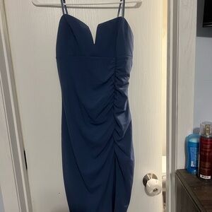 Emerald Sundae Spaghetti Strap Blue Dress with Ruched Detail